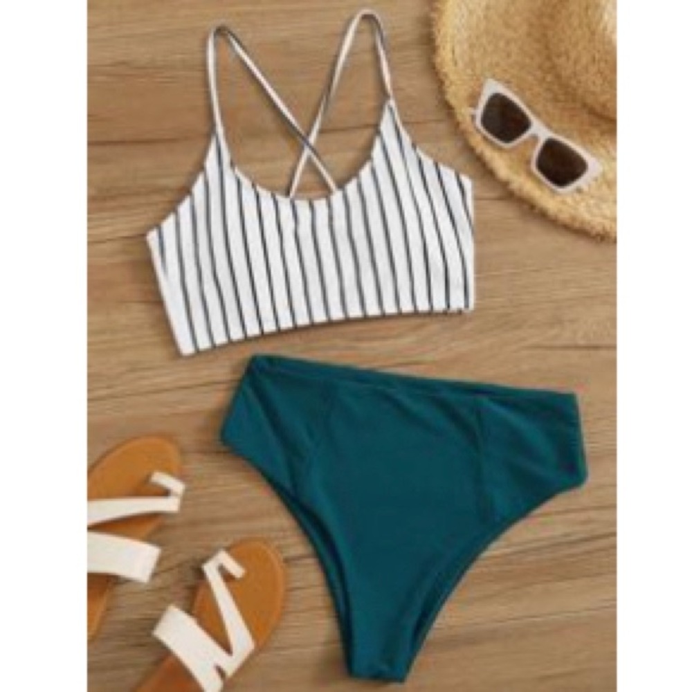 Striped Lace Up Back, High Waisted Bikini Swimsuit - Size:L